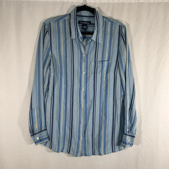Evan Picone Silk Shirt Women's 10 Blue Striped Button Up Long Sleeve Pocket - Picture 1 of 11